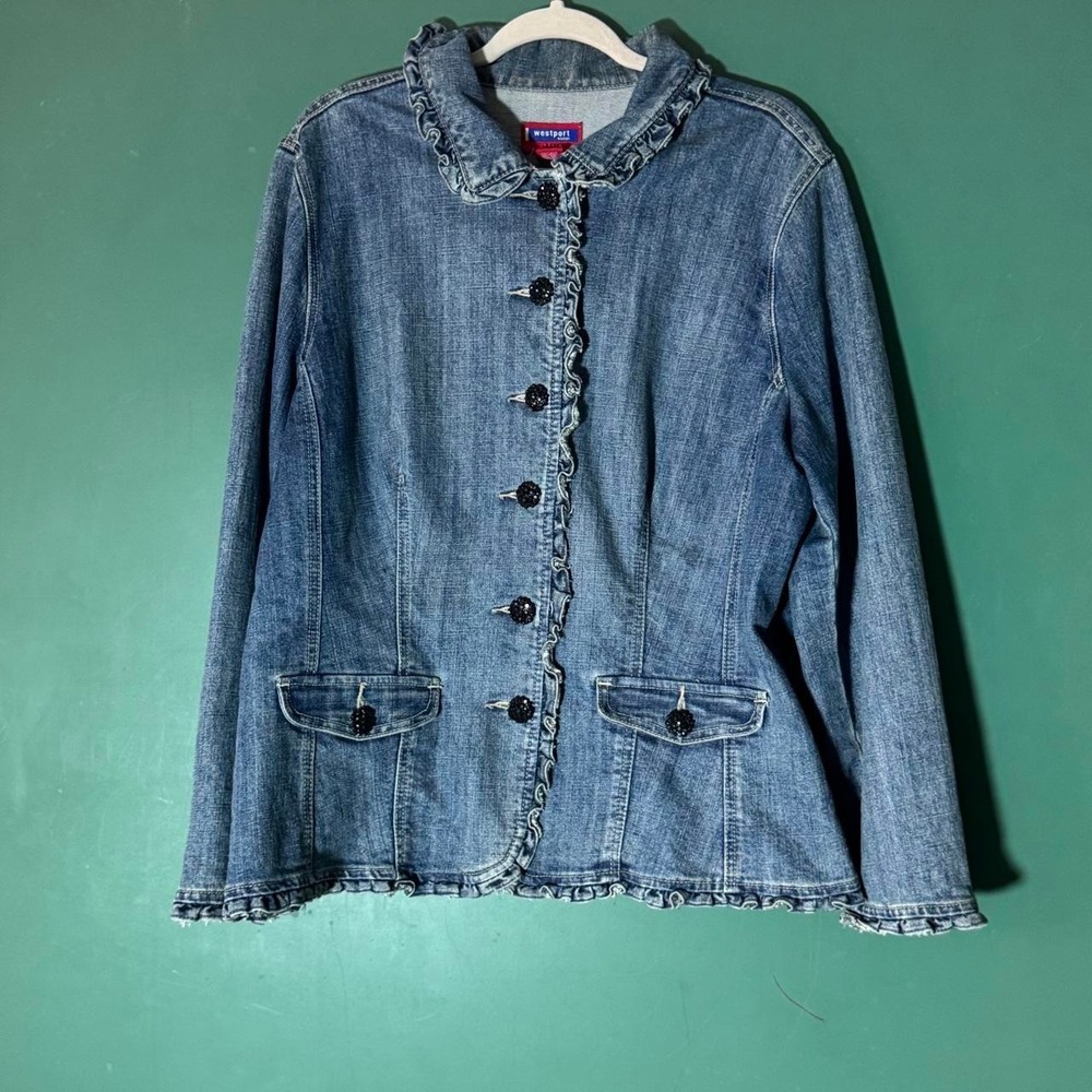 Westport Denim Blazer Vintage Y2K Ruffle Trim Blue Jean Jacket Womens XL